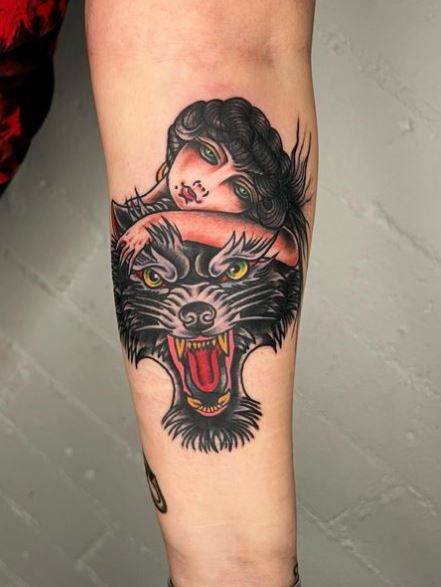Girl and Black Wolf Forearm Tattoo