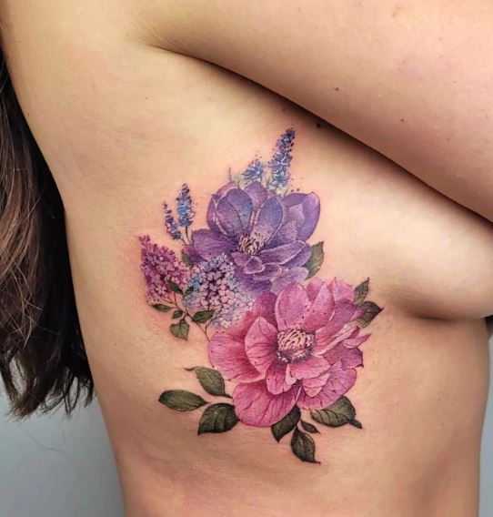 Colorful Flowers Ribs Tattoo