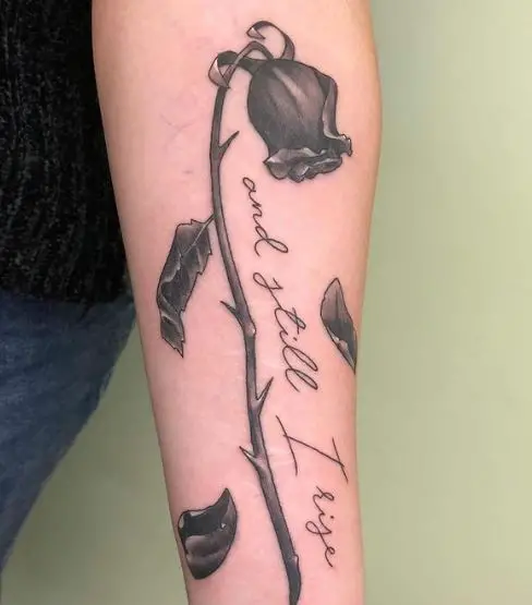 Message and Dead Rose with Thorns Forearm Tattoo