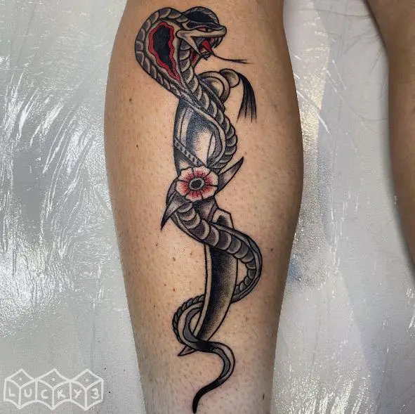 Cobra Snake and Dagger with Red Flower Leg Tattoo