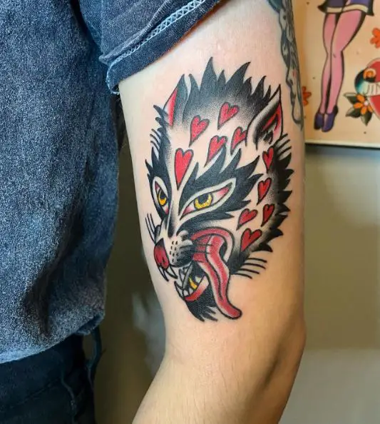 Hearts and Wolf Biceps Tattoo