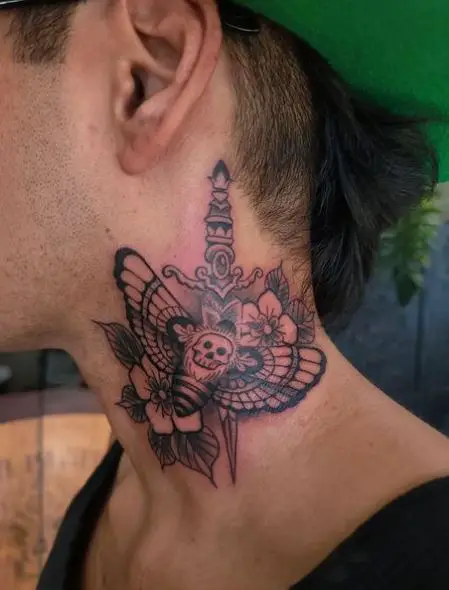 Dagger and Death Moth Neck Tattoo