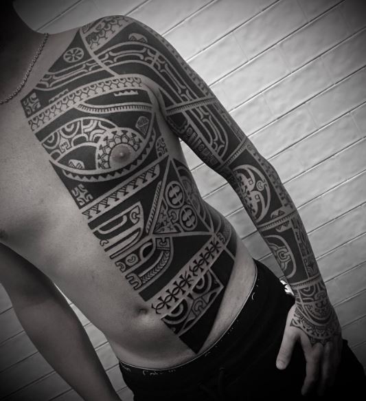 Samoan Tribal Torso and Arm Sleeve Tattoo