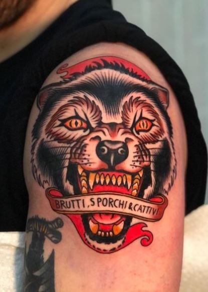 Wolf Head with Banner Arm Tattoo