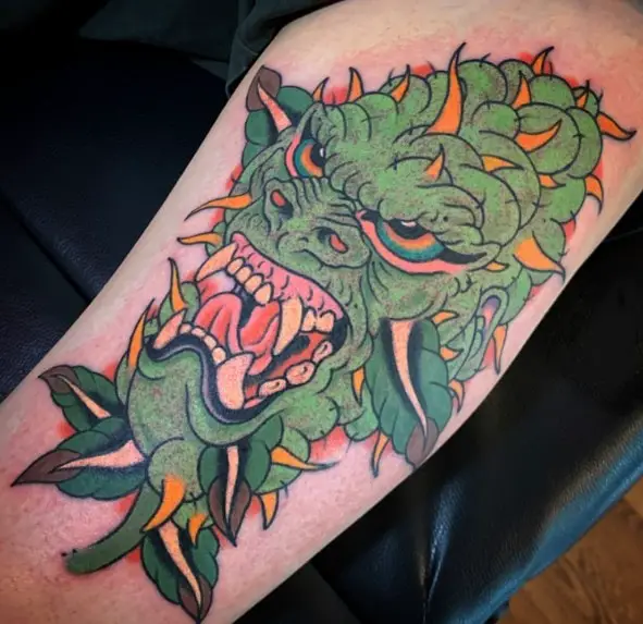 Angry Roaring Weed Bud Arm Tattoo