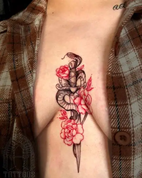 Snake and Dagger with Red Flowers Chest Tattoo