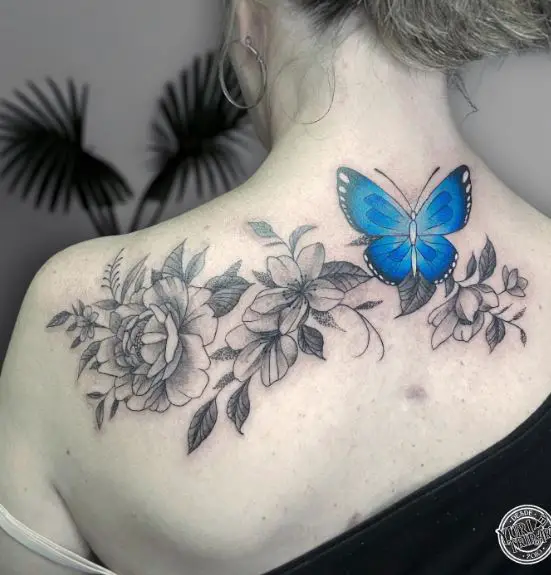 Grey Flowers and Blue Butterfly Back Tattoo