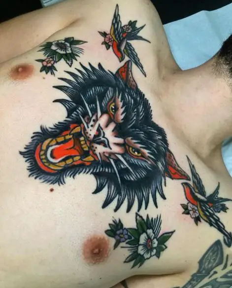 Birds with Flowers and Wolf Chest Tattoo