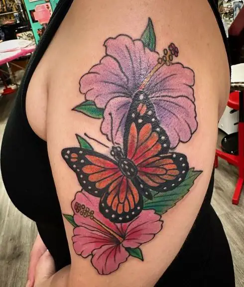 Colorful Hibiscus and Monarch Butterfly Biceps Tattoo