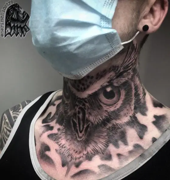 Grey Owl Neck Tattoo