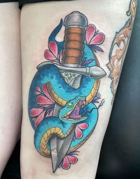 Colorful Snake and Dagger with Pink Flowers Thigh Tattoo