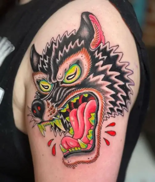 Colored Traditional Wolf Head Arm Tattoo