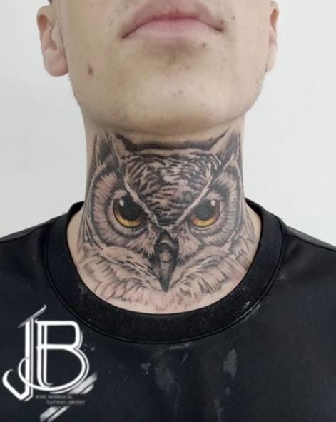 Owl with Yellow Eyes Throat Tattoo
