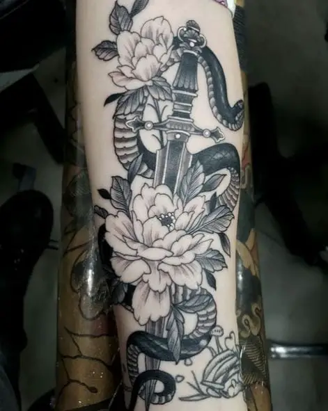 Black and Grey Snake and Dagger with Peonies Forearm Tattoo