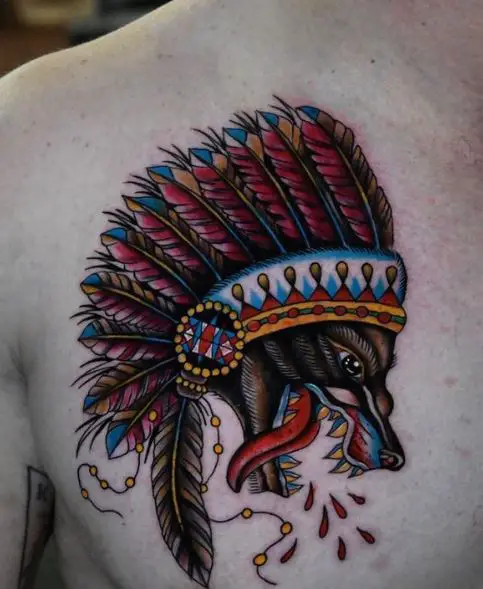 Wolf Head with Indian Feather Hat Chest Tattoo