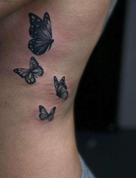 Black and Grey Butterflies Ribs Tattoo