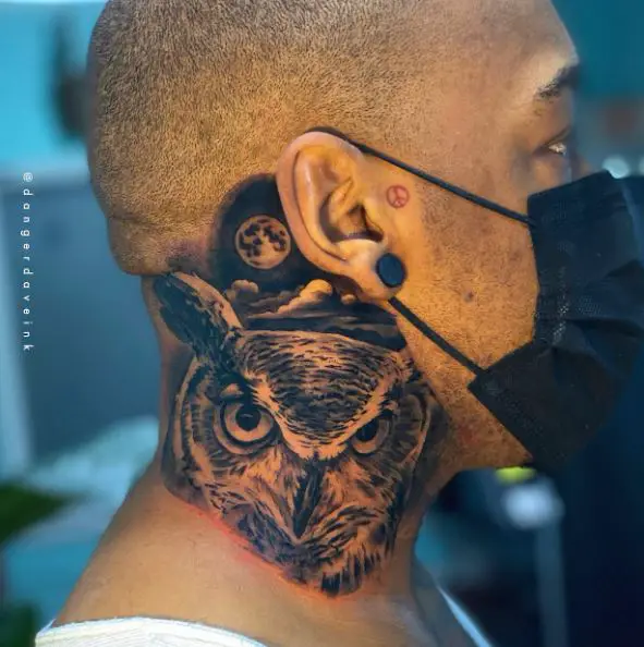 Moon and Owl Neck Tattoo