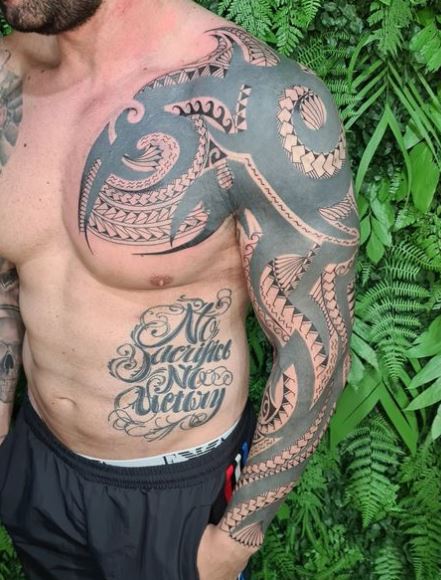 Samoan Tribal Chest and Arm Sleeve Tattoo