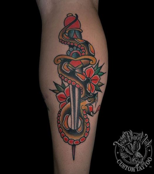Colorful Snake and Dagger with Red Flowers Calf Tattoo