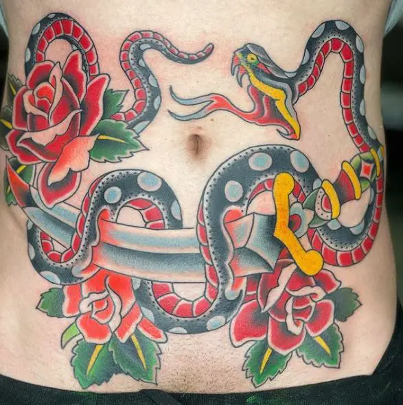 Colorful Dagger Stabbed in Snake and Red Roses Belly Tattoo