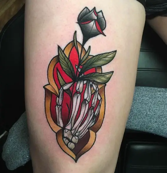 Colorful Skeleton Hand and Dead Rose Thigh Tattoo
