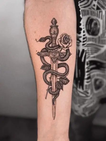 Black and Grey Snake and Dagger with Rose Forearm Tattoo