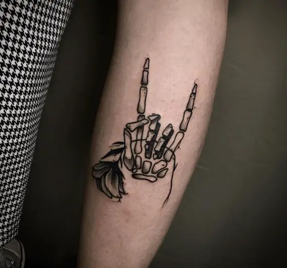 Black Skeleton Hand and Dead Rose Arm Tattoo