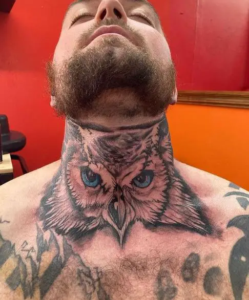 Owl with Blue Eyes Neck Tattoo