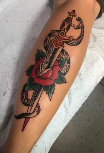 Colorful Snake and Dagger with Red Rose Calf Tattoo