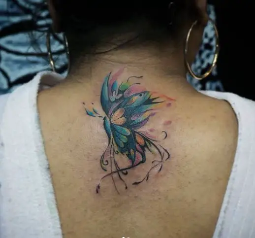 Colorful Flying Butterfly Spine Tattoo