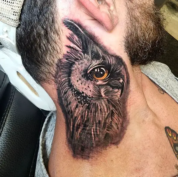 Black and Grey Owl Neck Tattoo