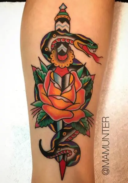 Colorful Snake and Dagger with Rose Tattoo