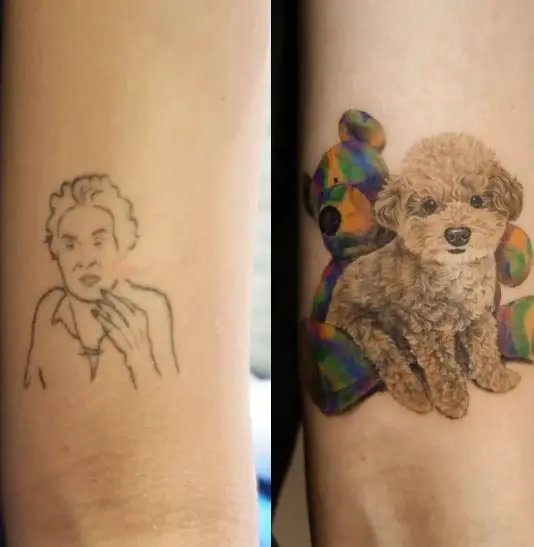 Dog and Teddy Bear Biceps Tattoo