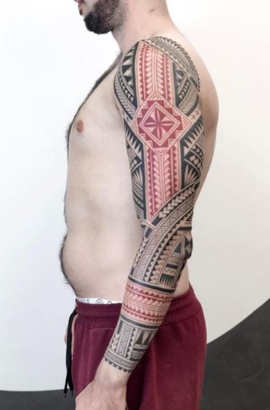 Black and Red Samoan Ornament Arm Sleeve Tattoo