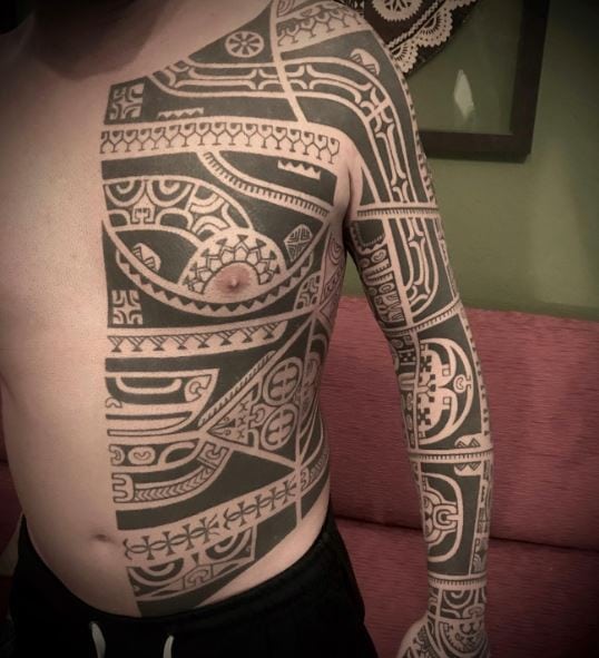 Samoan Tribal Torso and Arm Sleeve Tattoo