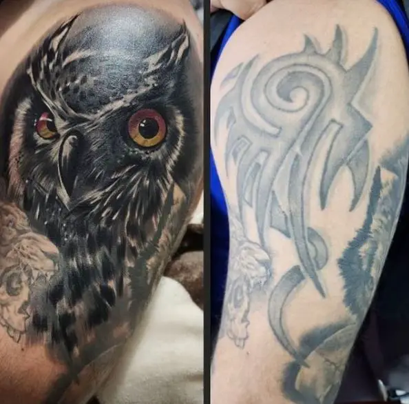 Black and Grey Owl Arm Tattoo