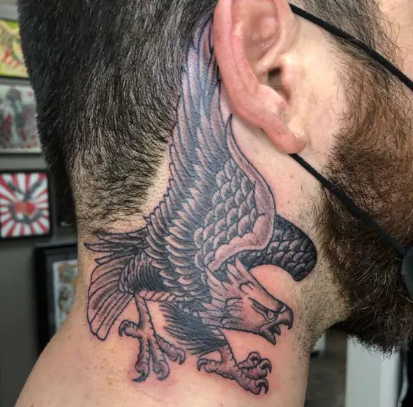 Black and Grey Eagle Neck Tattoo