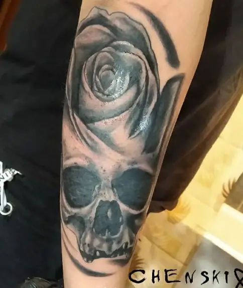Skull and Dead Rose Forearm Tattoo