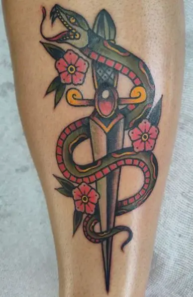 Colorful Snake and Dagger with Red Flowers Tattoo