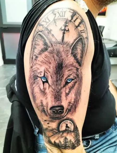 Old Clock and Wolf with Blue Eyes Arm Tattoo