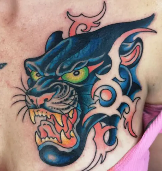 Colorful Traditional Panther Chest Tattoo