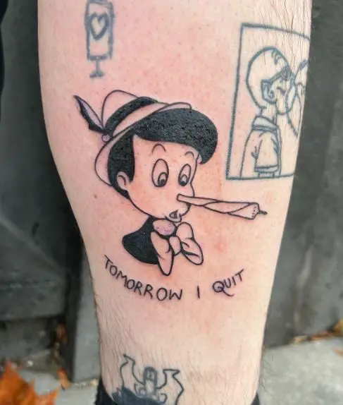 Pinocchio with Joint Nose Calf Tattoo
