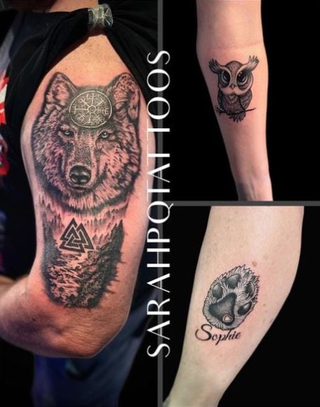 Mountain Landscape and Wolf Head Arm Tattoo