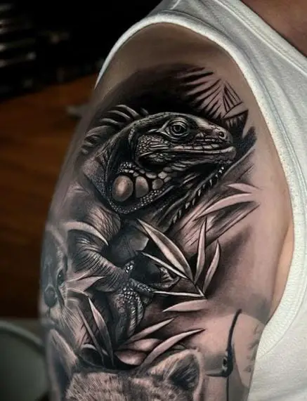 Realistic Black and Grey Iguana Arm Tattoo