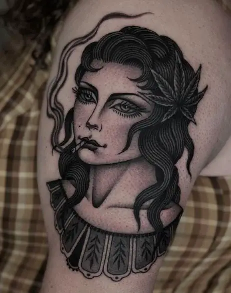 Woman with Marijuana Leaf in Hair Smoking Weed Tattoo