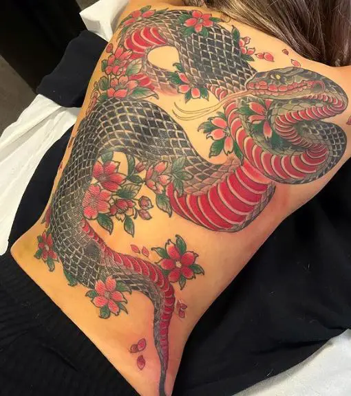 Colorful Flowers and Snake Back Tattoo