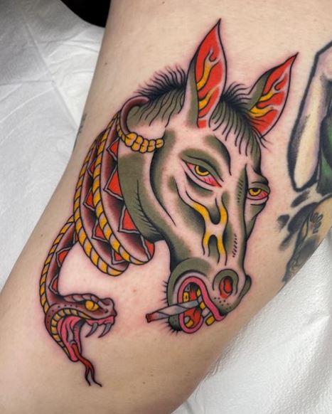 Snake and Horse Smoking Weed Leg Tattoo