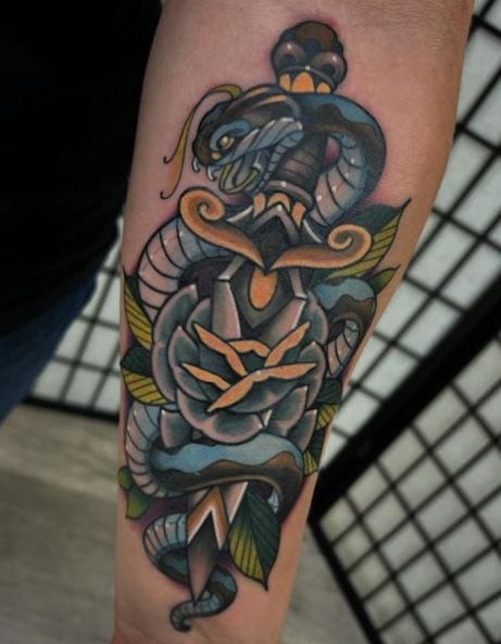 Colored Snake and Dagger with Rose Forearm Tattoo