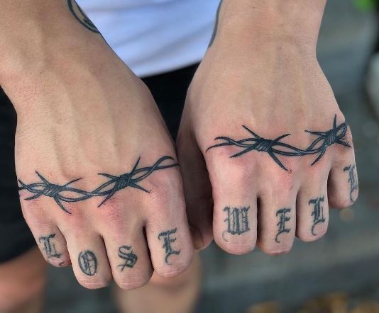 Barb Wire and Vintage Font Letters Knuckles Tattoo