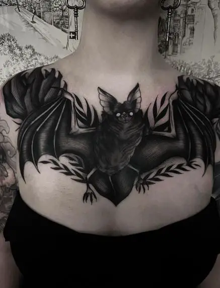 Black Bat with White Eyes Chest Tattoo